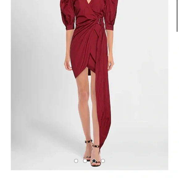 RED Valentino Wine-Red Wrap Mini Dress with Puff Sleeves - Picture 2 of 3